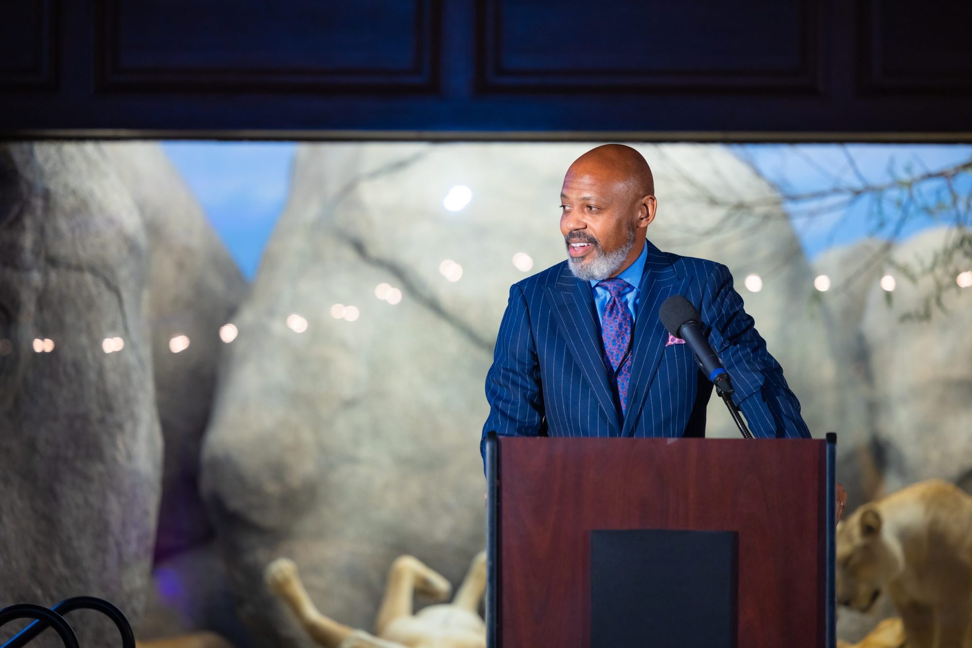 A speaker at the podium during a gala at a museum